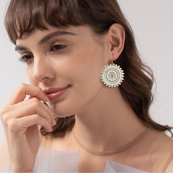 White and Gold Beaded Crystal Round Disc Boho Statement Dangling Hook Earrings - Picture 5 of 6